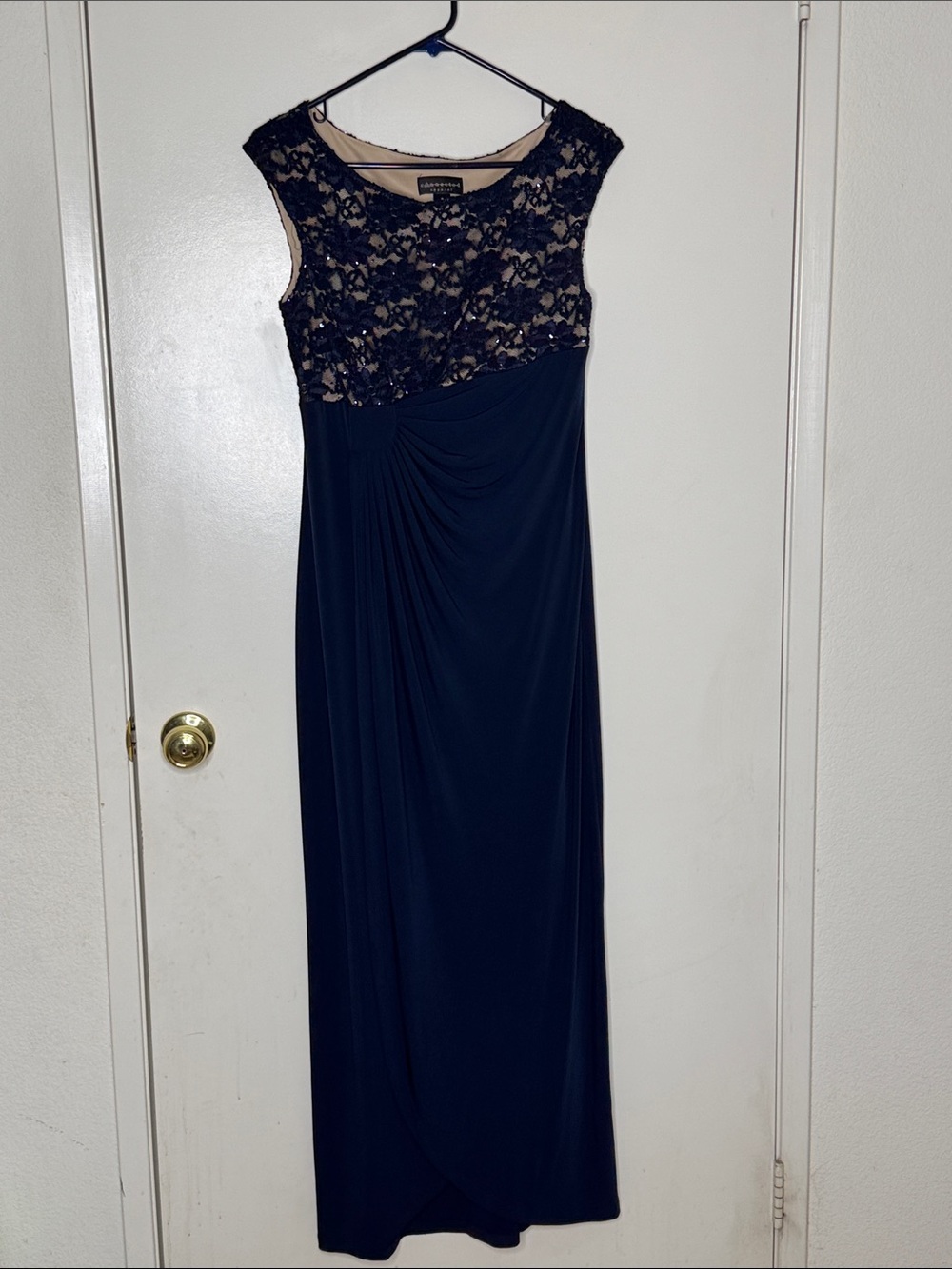 Connected Apparel Navy Dress with Black Lace Bodice and Nude Linings